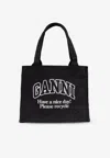Ganni Black Shopper With Embroidered Logo On The Front In Black