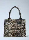 Ganni Brown Tote Bag With Graphic Print On The Front And All-over Leopard Motif In Cotton Woman In Multi