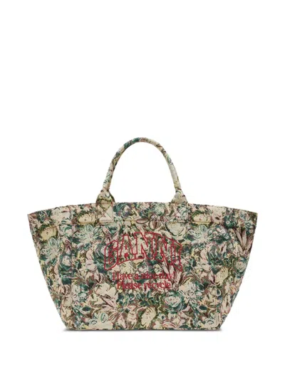 Ganni Large Floral-pattern Tapestry-effect Tote Bag In Brown