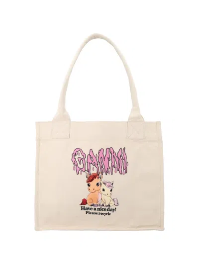 Ganni Large Graphic Pony Tote Bag In Neutral
