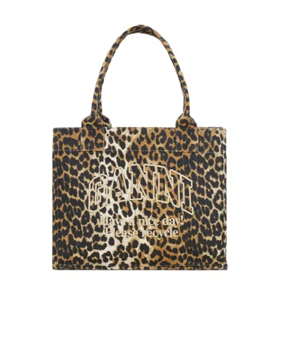 Ganni Leopard Large Canvas Tote Bag In Brown