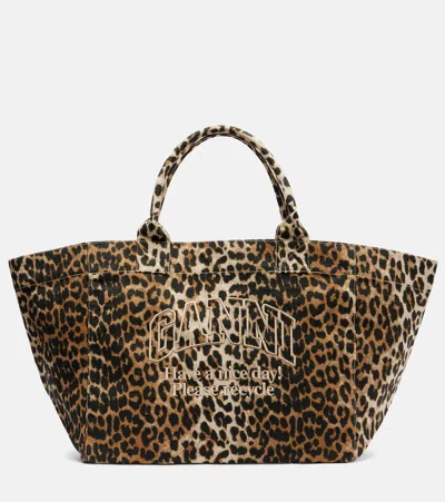Ganni Large Leopard-print Canvas Tote Bag In Brown