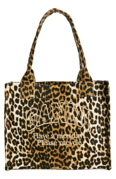 Ganni Large Leopard Print Recycled Cotton Shopper Tote