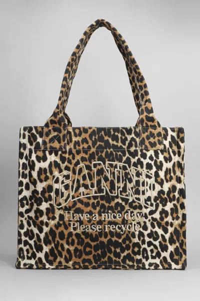 Ganni Large Logo Easy Printed Shopper Bag In Marrone