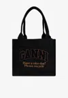 Ganni Large Denim Easy Shopper Tote In Black