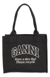 Ganni Black Shopper With Embroidered Logo On The Front In Denim Woman In Phantom