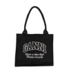 Ganni Black Shopper With Embroidered Logo On The Front In Denim Woman In Black