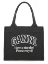 Ganni Black Shopper With Embroidered Logo On The Front In Denim Woman