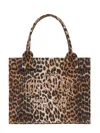 Ganni Brown Tote Bag With Graphic Print On The Front And All-over Leopard Motif In Cotton Woman