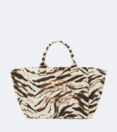 Ganni Large Zebra-print Canvas Tote Bag In Purple
