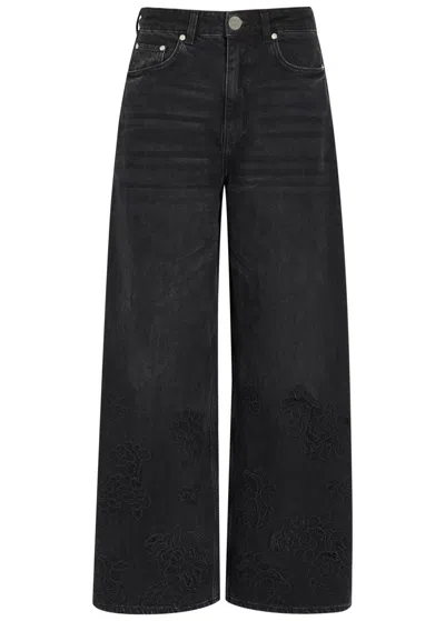 Ganni Lari Floral-embroidered Wide-leg Jeans In Black