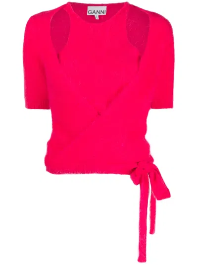 Ganni Short-sleeve Knitted Top In Pink