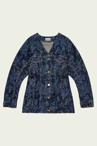 Ganni Lazer Denim Shaped Sleeve Blazer In Blue