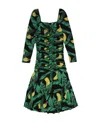Ganni Palm Print Long Sleeve Gathered Jersey Dress In Green