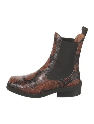 Pre-owned Ganni Leather Animal Print Chelsea Boots In Brown