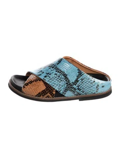 Pre-owned Ganni Leather Animal Print Slides In Brown