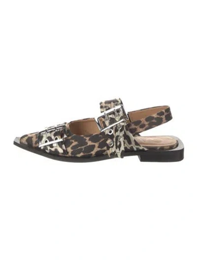 Pre-owned Ganni Leather Animal Print Slingback Flats In Black