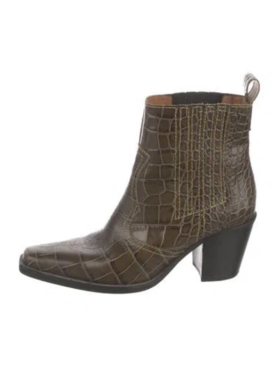 Pre-owned Ganni Leather Animal Print Western Boots In Green
