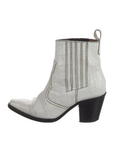 Pre-owned Ganni Leather Animal Print Western Boots In White