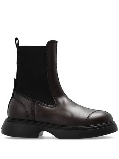 Ganni Leather Ankle Boots In Brown