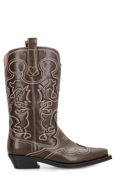 Ganni Leather Ankle Boots In Brown