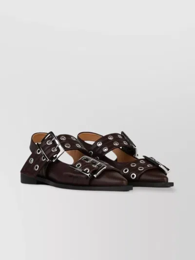 Ganni Leather Ballet Flats Metallic Hardware In Burgundy