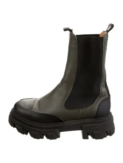 Pre-owned Ganni Leather Chelsea Boots In Black/green