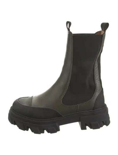 Pre-owned Ganni Leather Chelsea Boots In Black/green