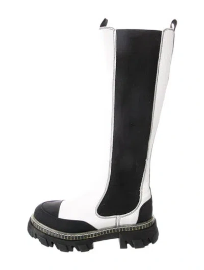Pre-owned Ganni Leather Colorblock Pattern Boots In Black