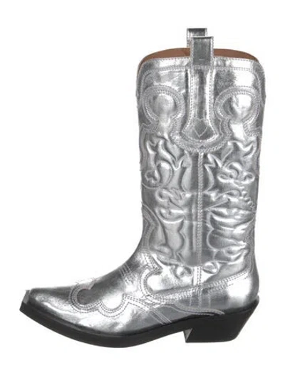 Pre-owned Ganni Leather Colorblock Pattern Western Boots In Metallic/silver