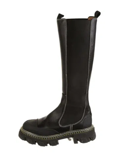 Pre-owned Ganni Leather Combat Boots In Black