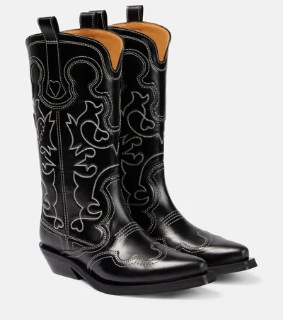 Ganni Leather Cowboy Boots In Black