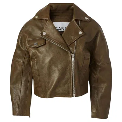 Pre-owned Ganni Leather Cropped Biker Jacket Fr38 In Brown