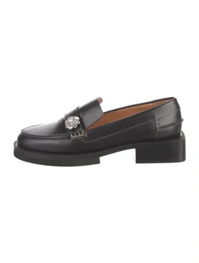 Pre-owned Ganni Leather Crystal Embellishments Loafers In Black