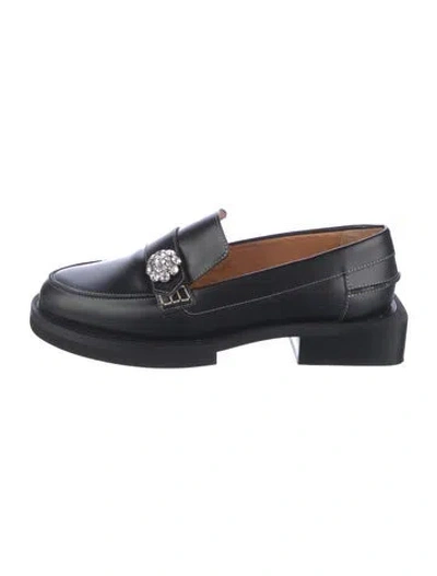 Pre-owned Ganni Leather Crystal Embellishments Loafers In Black