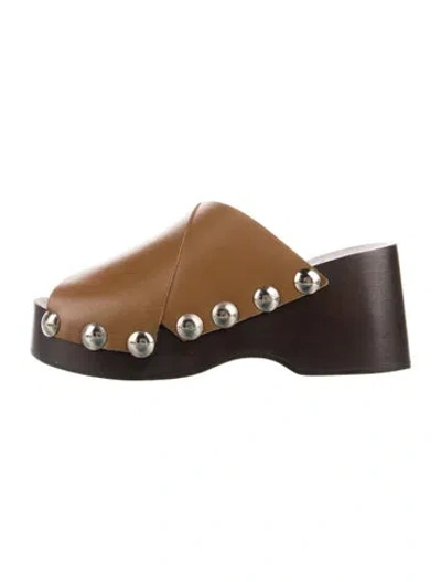 Pre-owned Ganni Leather Cutout Accent Slides In Brown