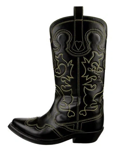 Pre-owned Ganni Leather Embroidered Accent Western Boots In Black