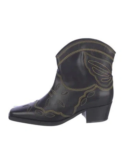 Pre-owned Ganni Leather Embroidered Accent Western Boots In Blue