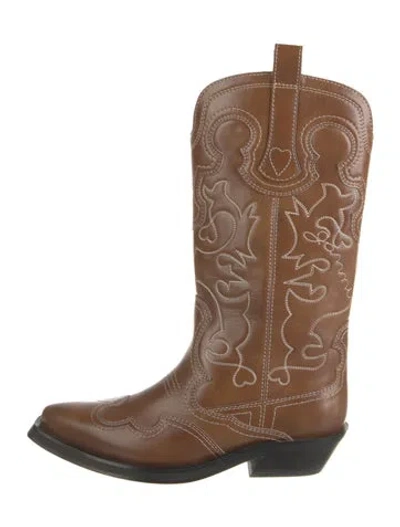 Pre-owned Ganni Leather Embroidered Accent Western Boots In Brown
