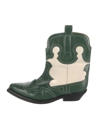 Pre-owned Ganni Leather Embroidered Accent Western Boots In Green