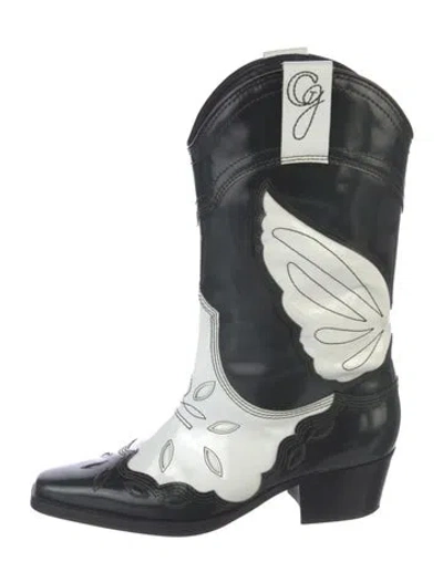 Pre-owned Ganni Leather Embroidered Accent Western Boots In Green