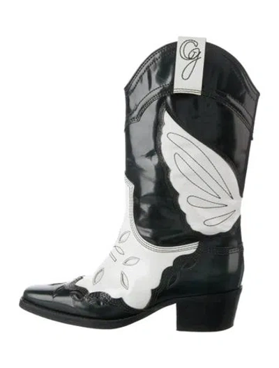 Pre-owned Ganni Leather Embroidered Accent Western Boots In Green/white