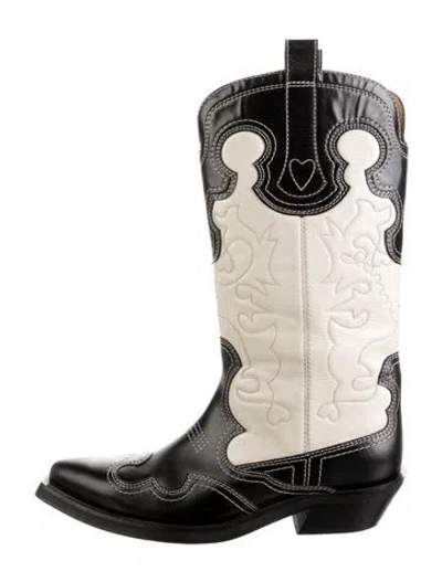 Pre-owned Ganni Leather Embroidered Accent Western Boots In Multicolor