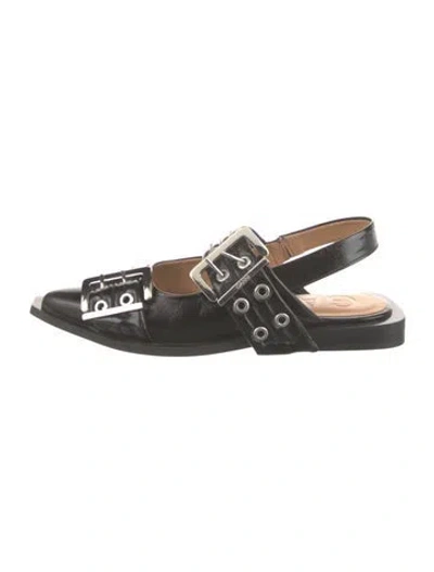 Pre-owned Ganni Leather Eyelet Trim Slingback Flats In Black