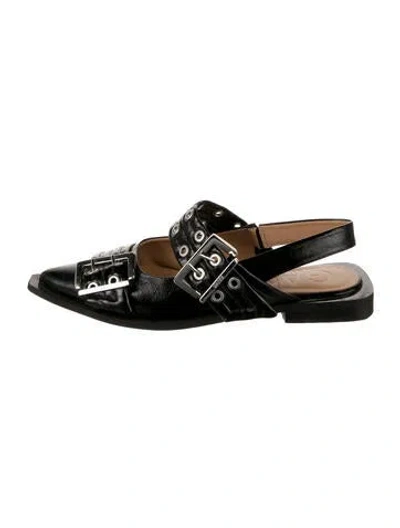 Pre-owned Ganni Leather Eyelet Trim Slingback Flats In Black