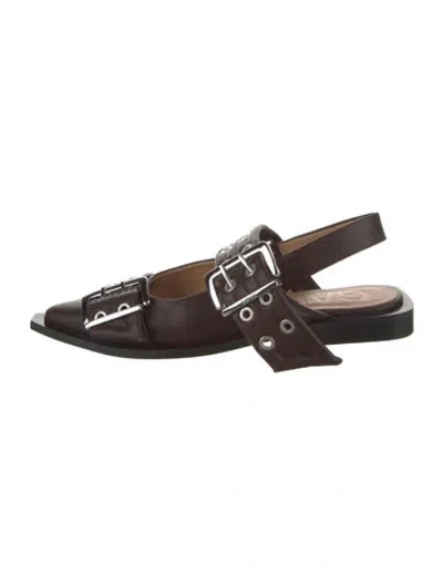 Pre-owned Ganni Leather Eyelet Trim Slingback Flats In Brown