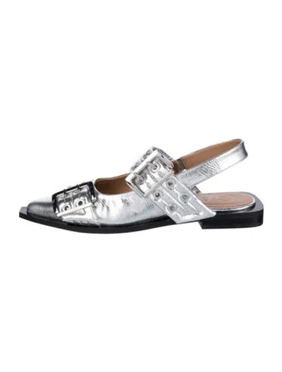 Pre-owned Ganni Leather Flats In Silver