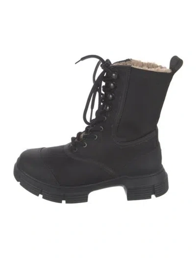 Pre-owned Ganni Leather Fur Trim Combat Boots In Black