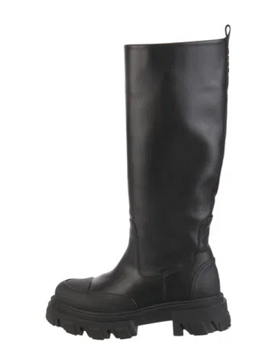 Pre-owned Ganni Leather Grosgrain Trim Boots In Black