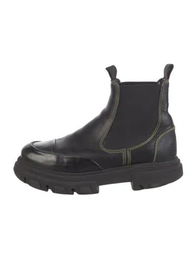Pre-owned Ganni Leather Grosgrain Trim Chelsea Boots In Black